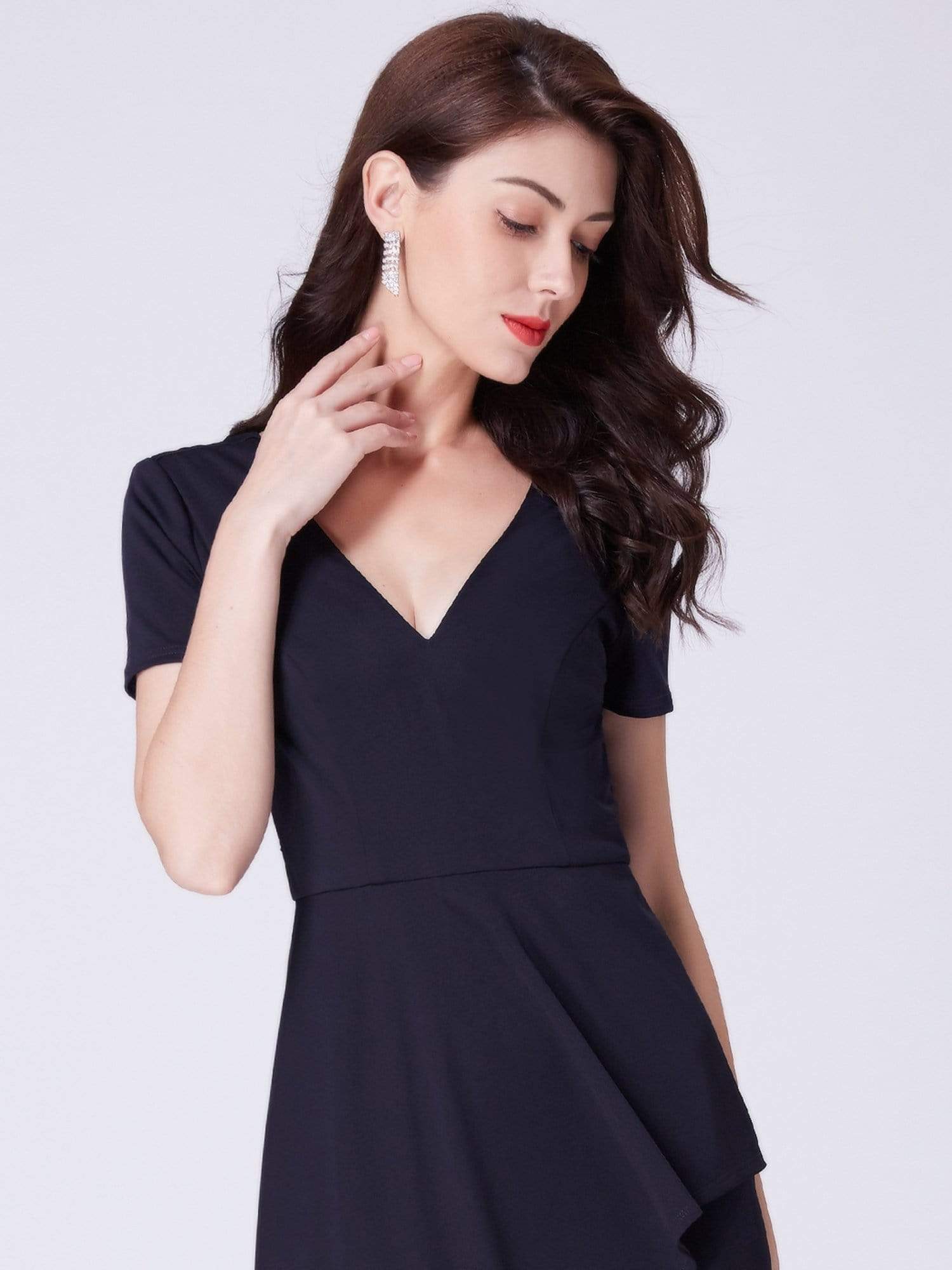 Color=Navy Blue | Alisa Pan Casual V Neck Short Sleeve Dress-Navy Blue 3