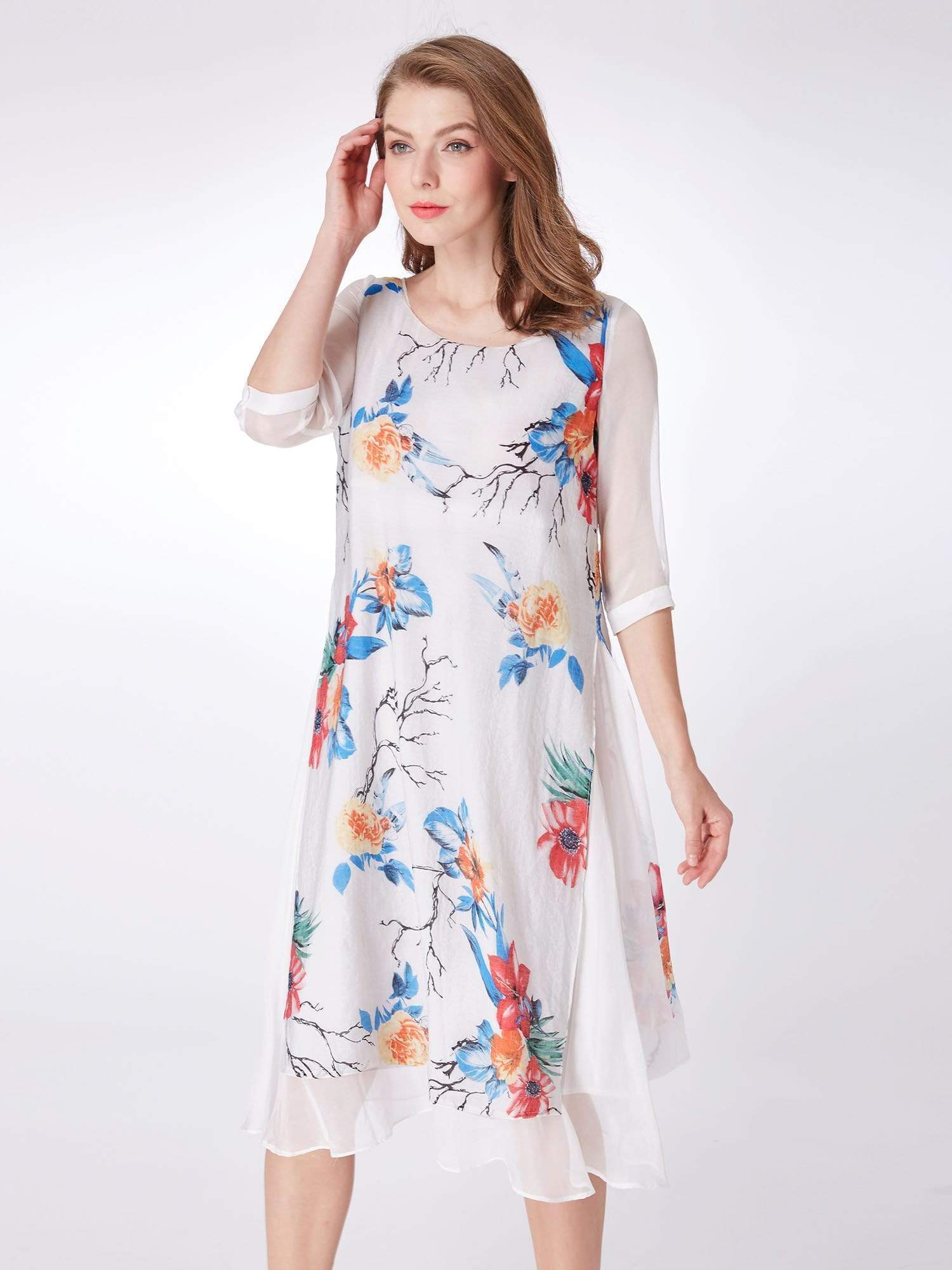 Color=White | Alisa Pan Long Sleeve Floral Print Midi Dress-White 3