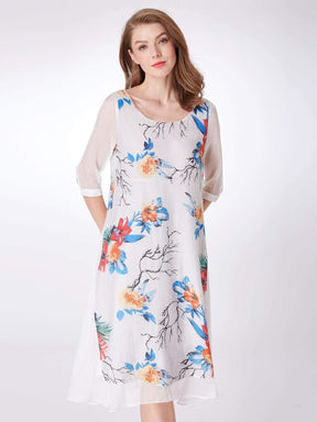 Color=White | Alisa Pan Long Sleeve Floral Print Midi Dress-White 4
