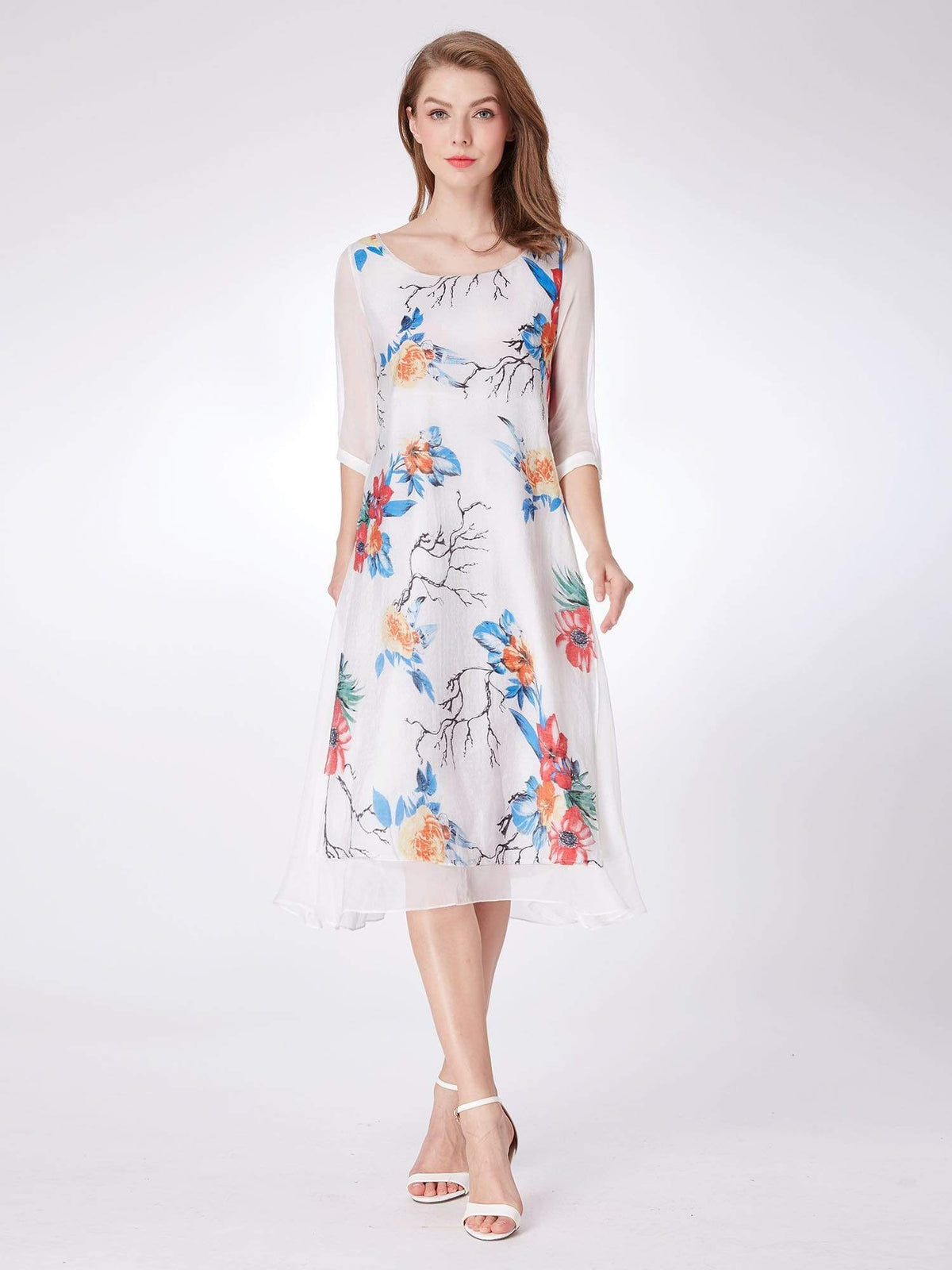 Color=White | Alisa Pan Long Sleeve Floral Print Midi Dress-White 1