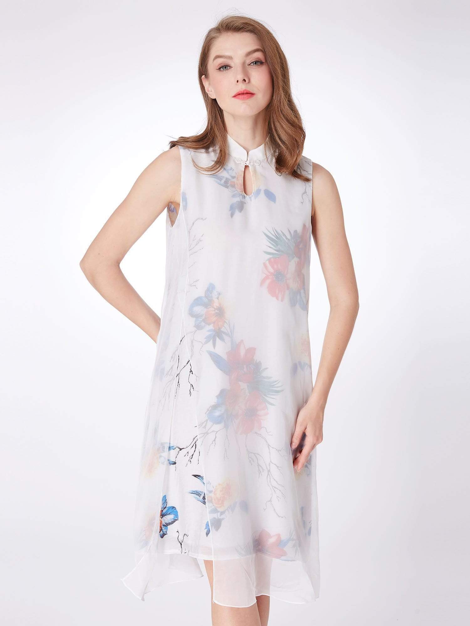 Color=White | Alisa Pan Floral Print Short Shift Dress-White 4