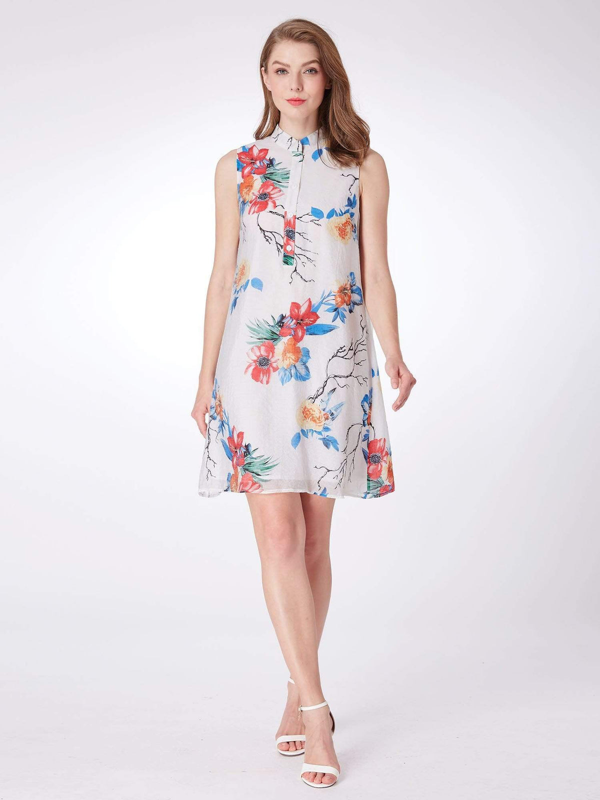 Color=White | Alisa Pan Floral Print Summer Shift Dress-White 1