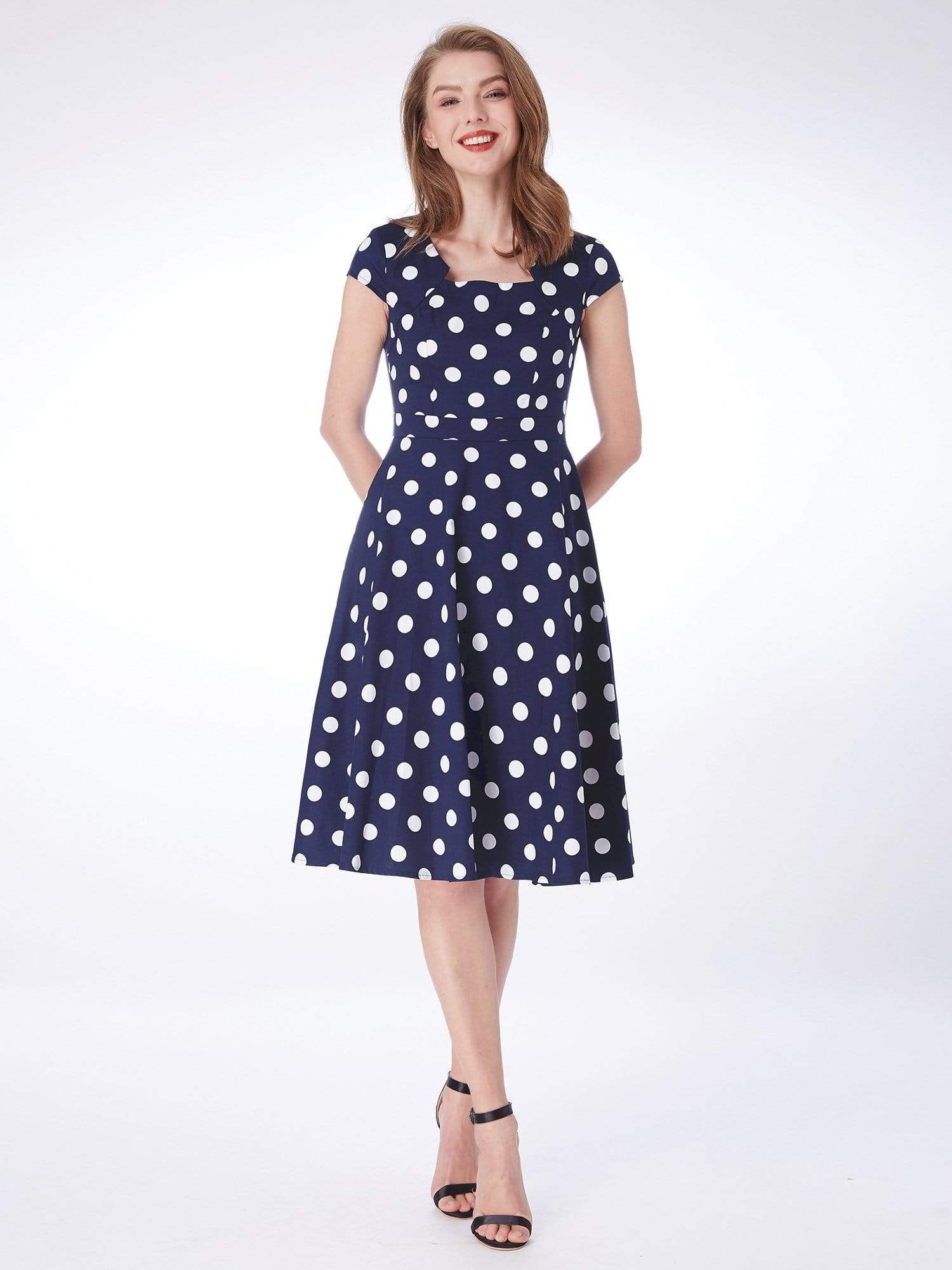 Color=Navy Blue | Alisa Pan Polka Dot Cap Sleeve Retro Dress-Navy Blue 2