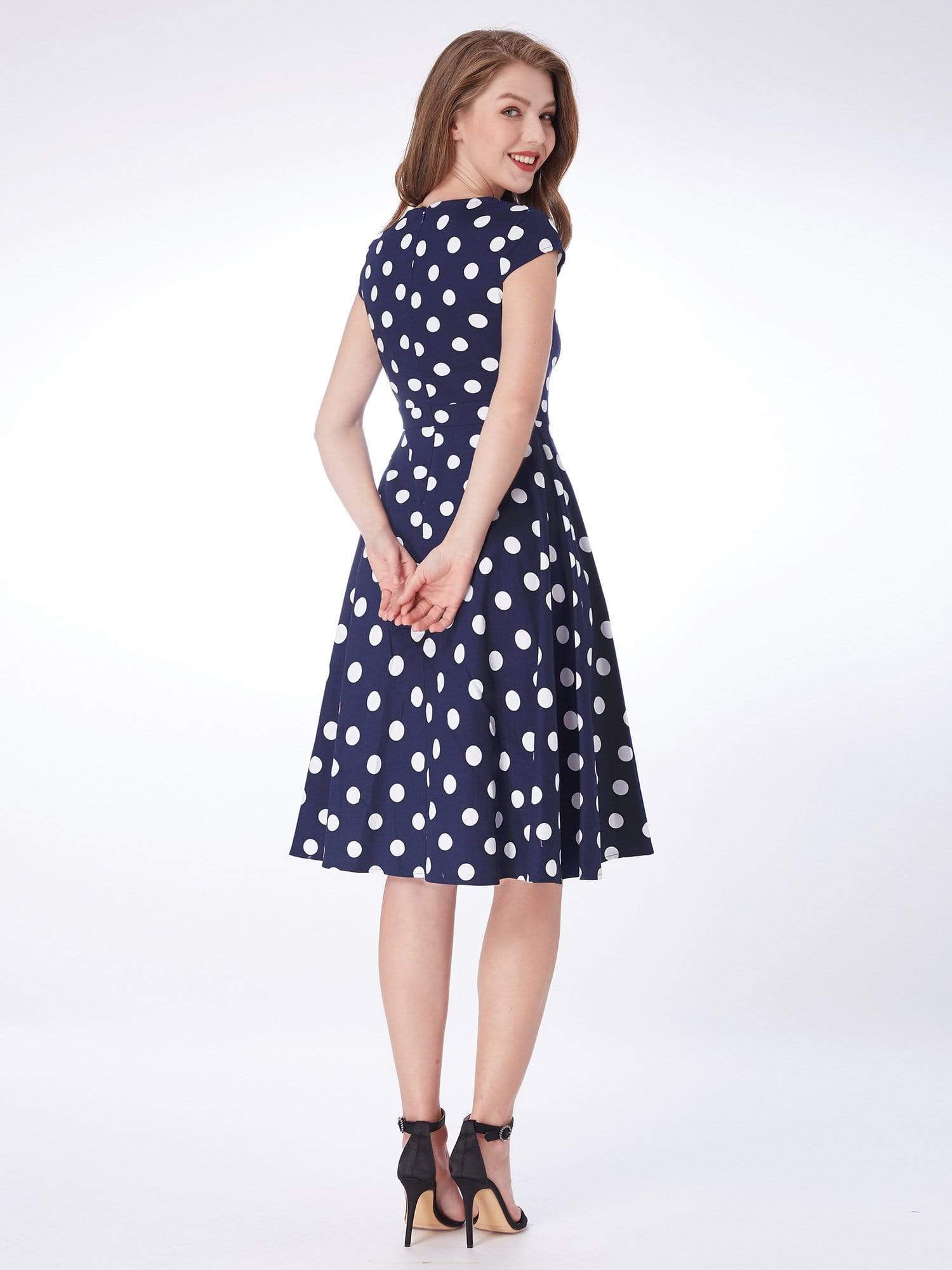 Color=Navy Blue | Alisa Pan Polka Dot Cap Sleeve Retro Dress-Navy Blue 3