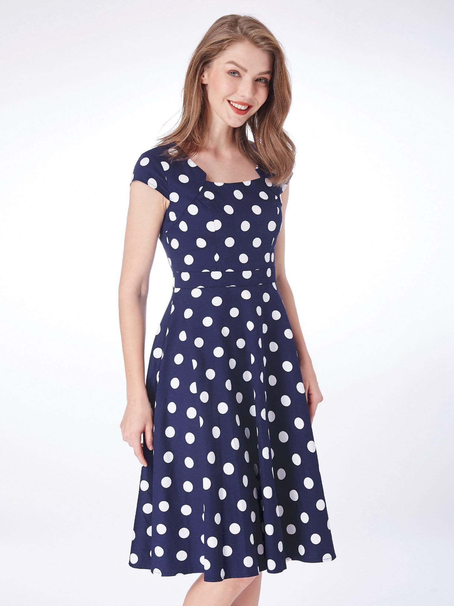 Color=Navy Blue | Alisa Pan Polka Dot Cap Sleeve Retro Dress-Navy Blue 4