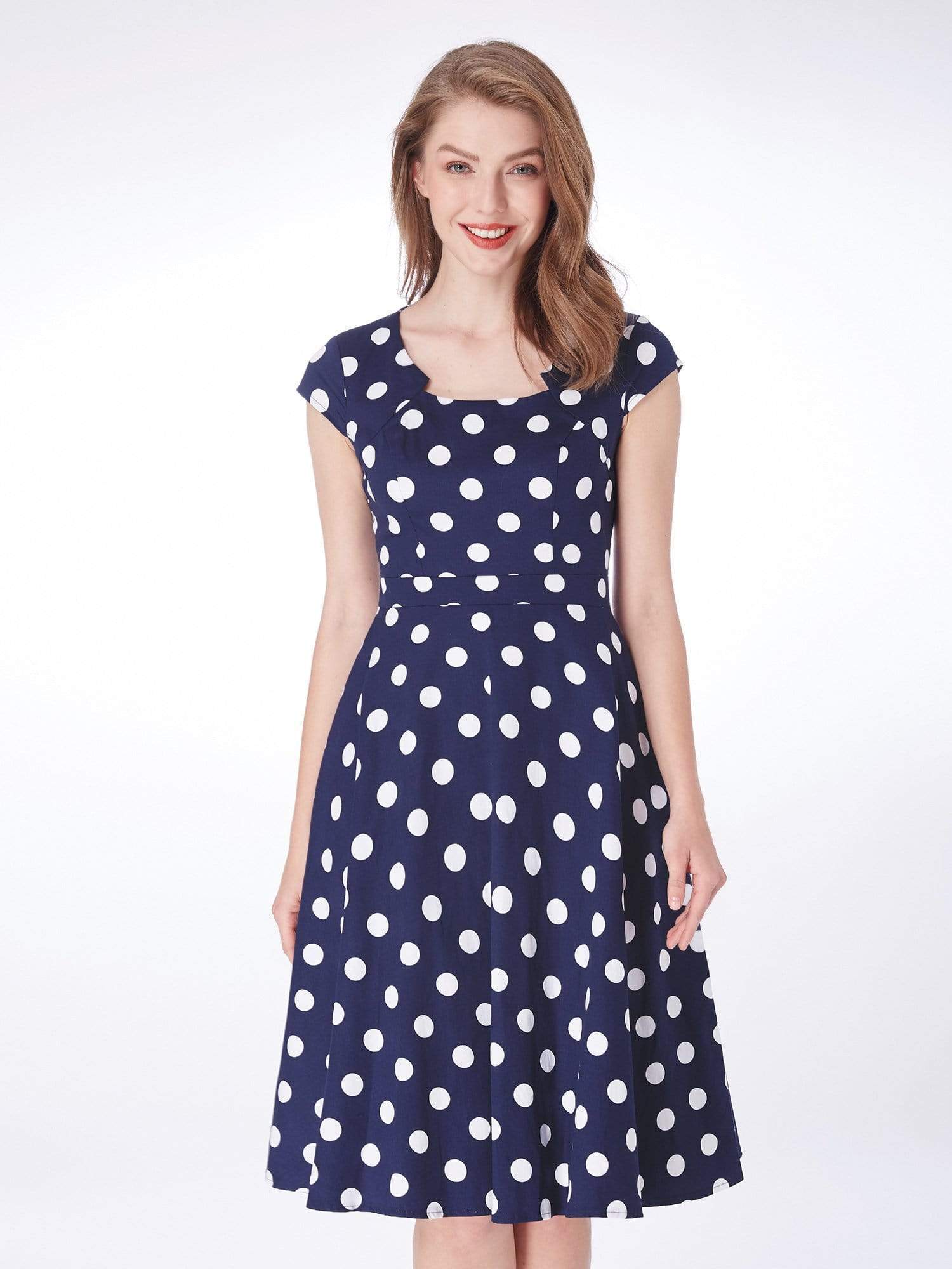 Color=Navy Blue | Alisa Pan Polka Dot Cap Sleeve Retro Dress-Navy Blue 5