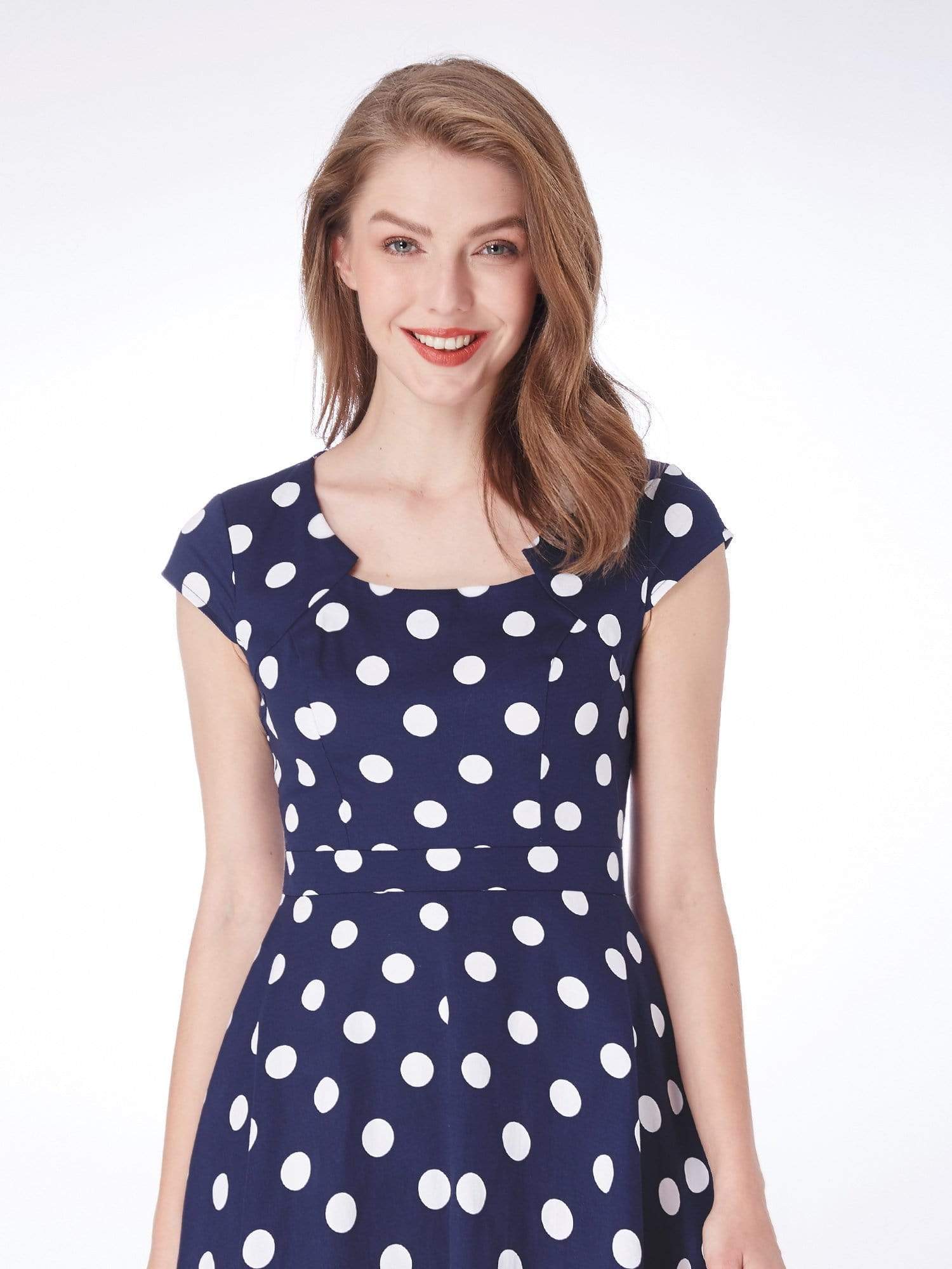 Color=Navy Blue | Alisa Pan Polka Dot Cap Sleeve Retro Dress-Navy Blue 6