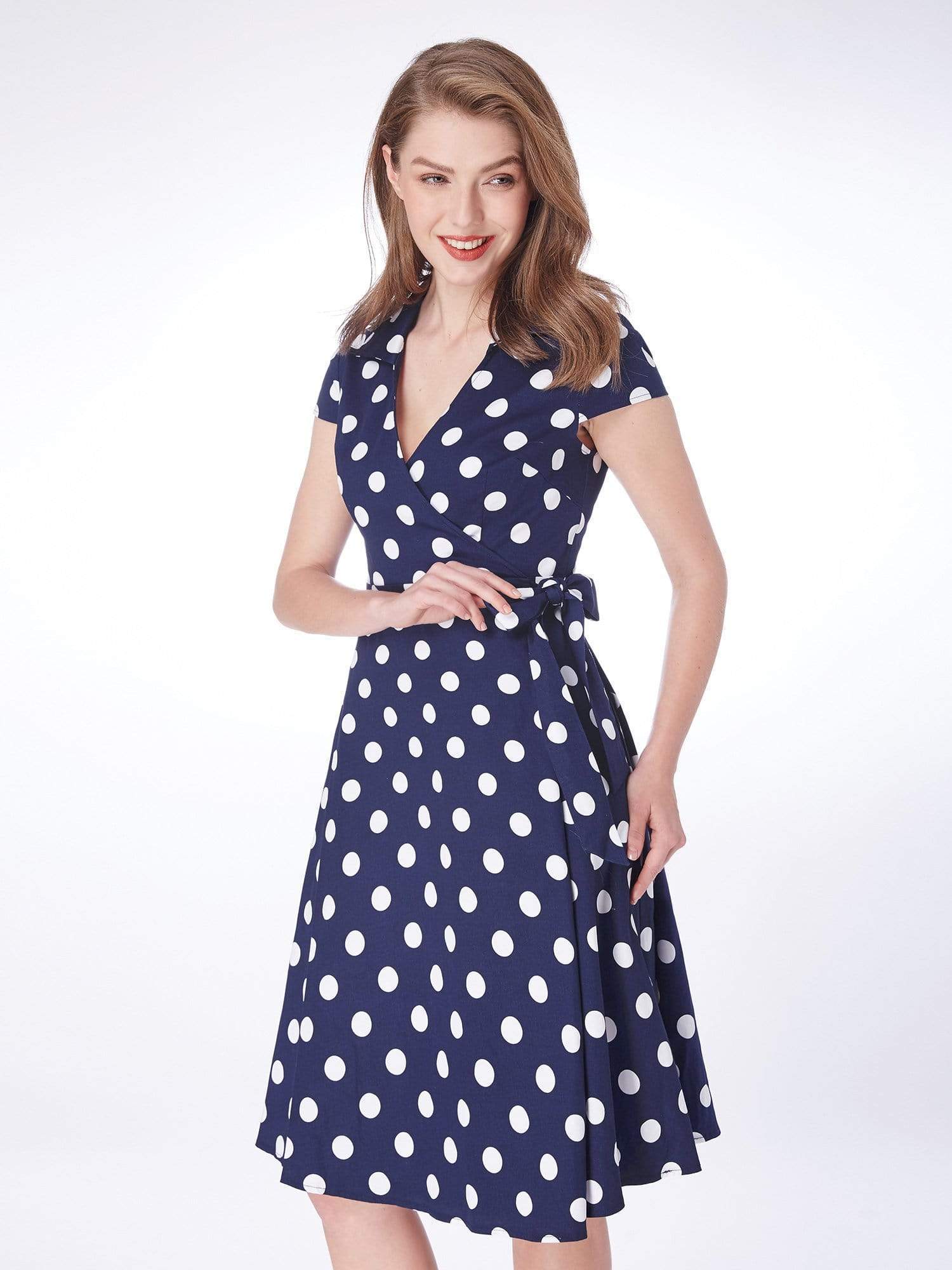 Color=Navy Blue | Alisa Pan Retro Polka Dot Wrap Dress-Navy Blue 4