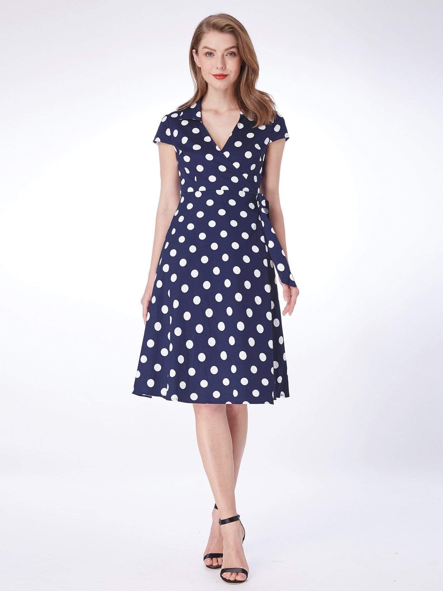 Color=Navy Blue | Alisa Pan Retro Polka Dot Wrap Dress-Navy Blue 5