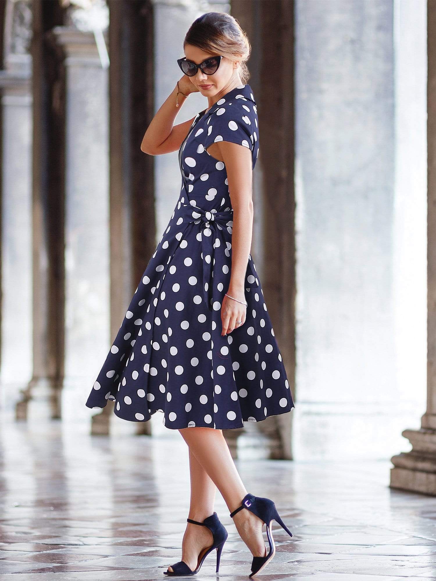 Color=Navy Blue | Alisa Pan Retro Polka Dot Wrap Dress-Navy Blue 1