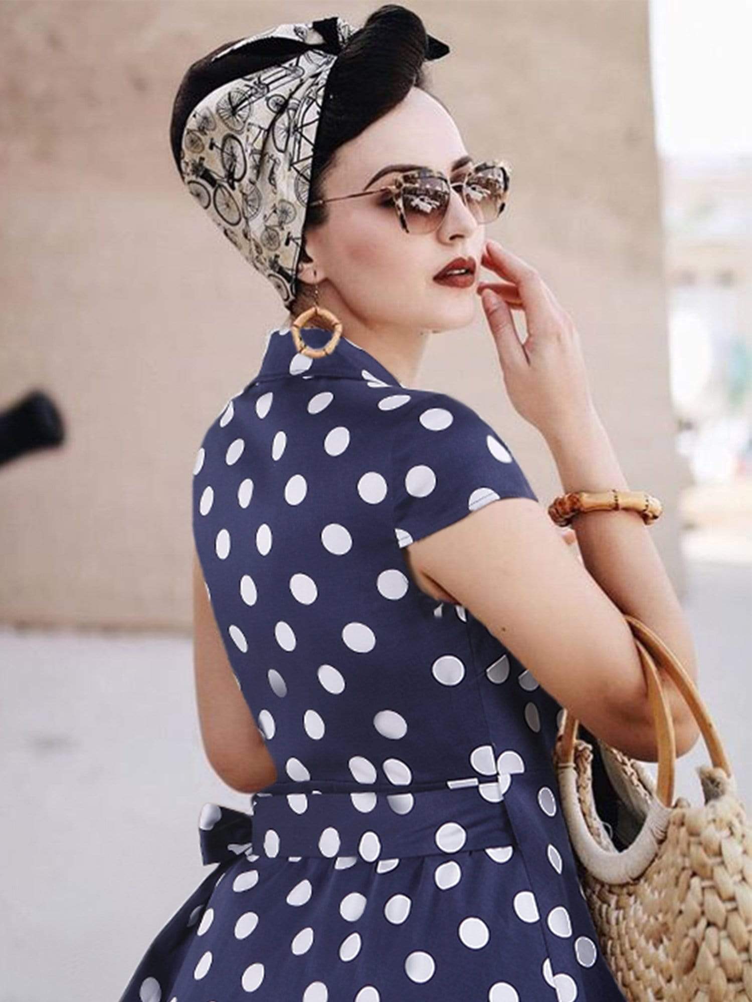 Color=Navy Blue | Alisa Pan Retro Polka Dot Wrap Dress-Navy Blue 7