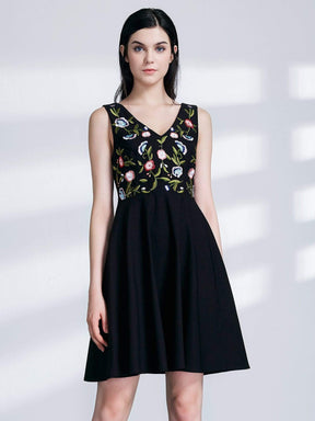 Color=Black | Alisa Pan Embroidered V Neck Little Black Dress-Black 3