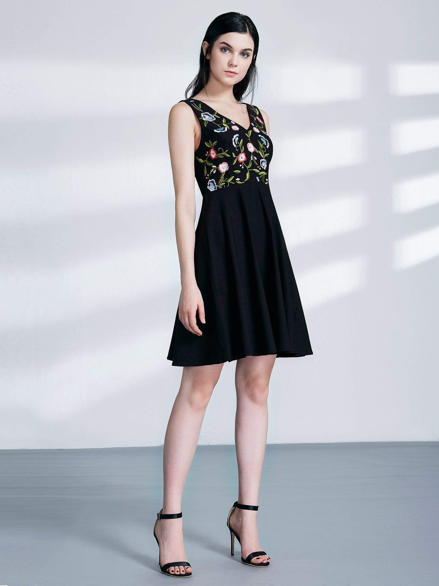 Color=Black | Alisa Pan Embroidered V Neck Little Black Dress-Black 4