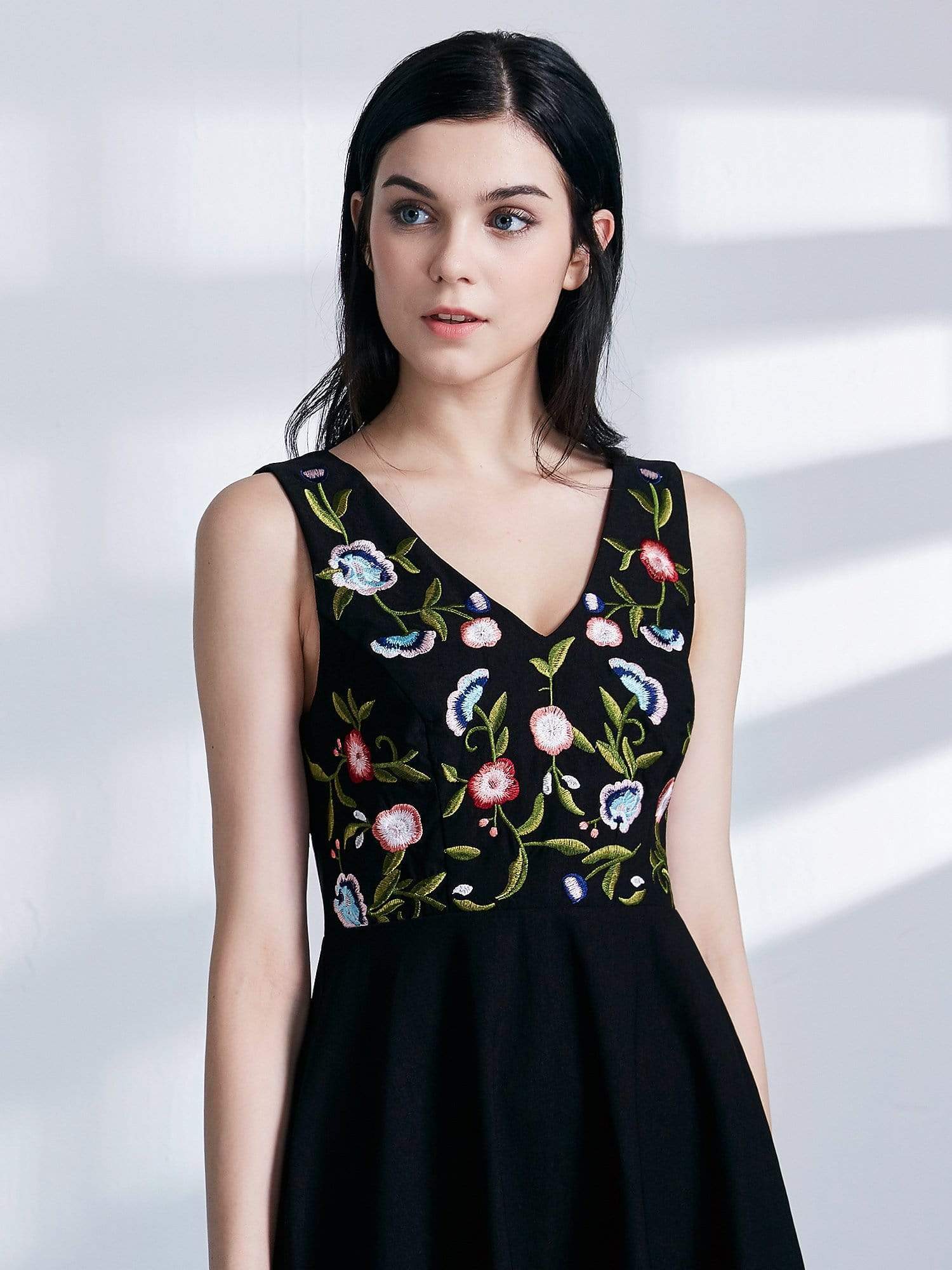 Color=Black | Alisa Pan Embroidered V Neck Little Black Dress-Black 5