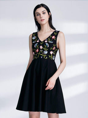 Color=Black | Alisa Pan Embroidered V Neck Little Black Dress-Black 1