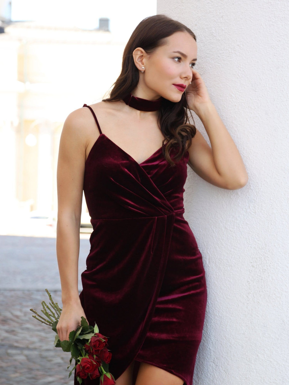 Color=Burgundy | Alisa Pan Red Velvet Cocktail Dress-Burgundy 1