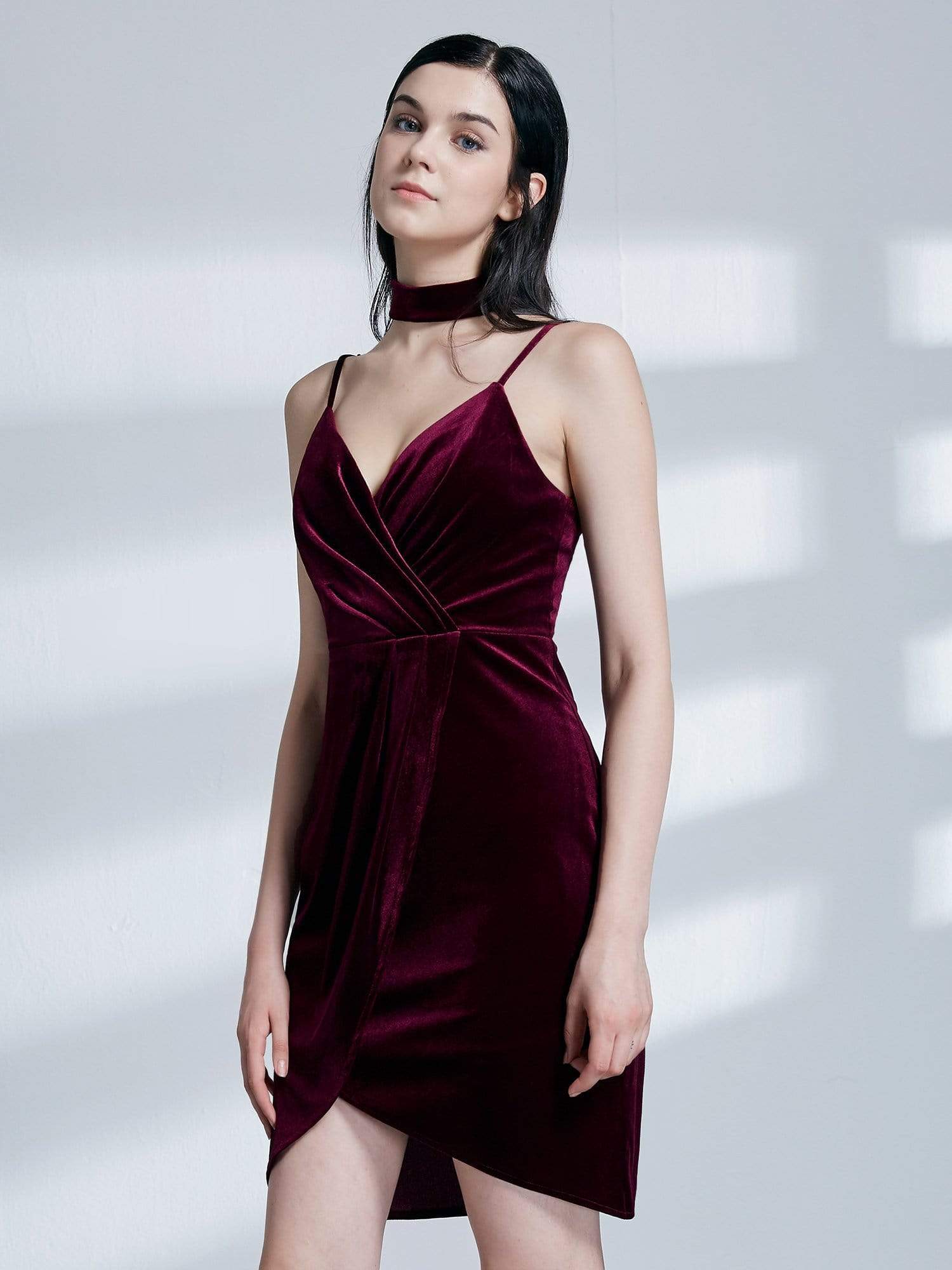 Color=Burgundy | Alisa Pan Red Velvet Cocktail Dress-Burgundy 4