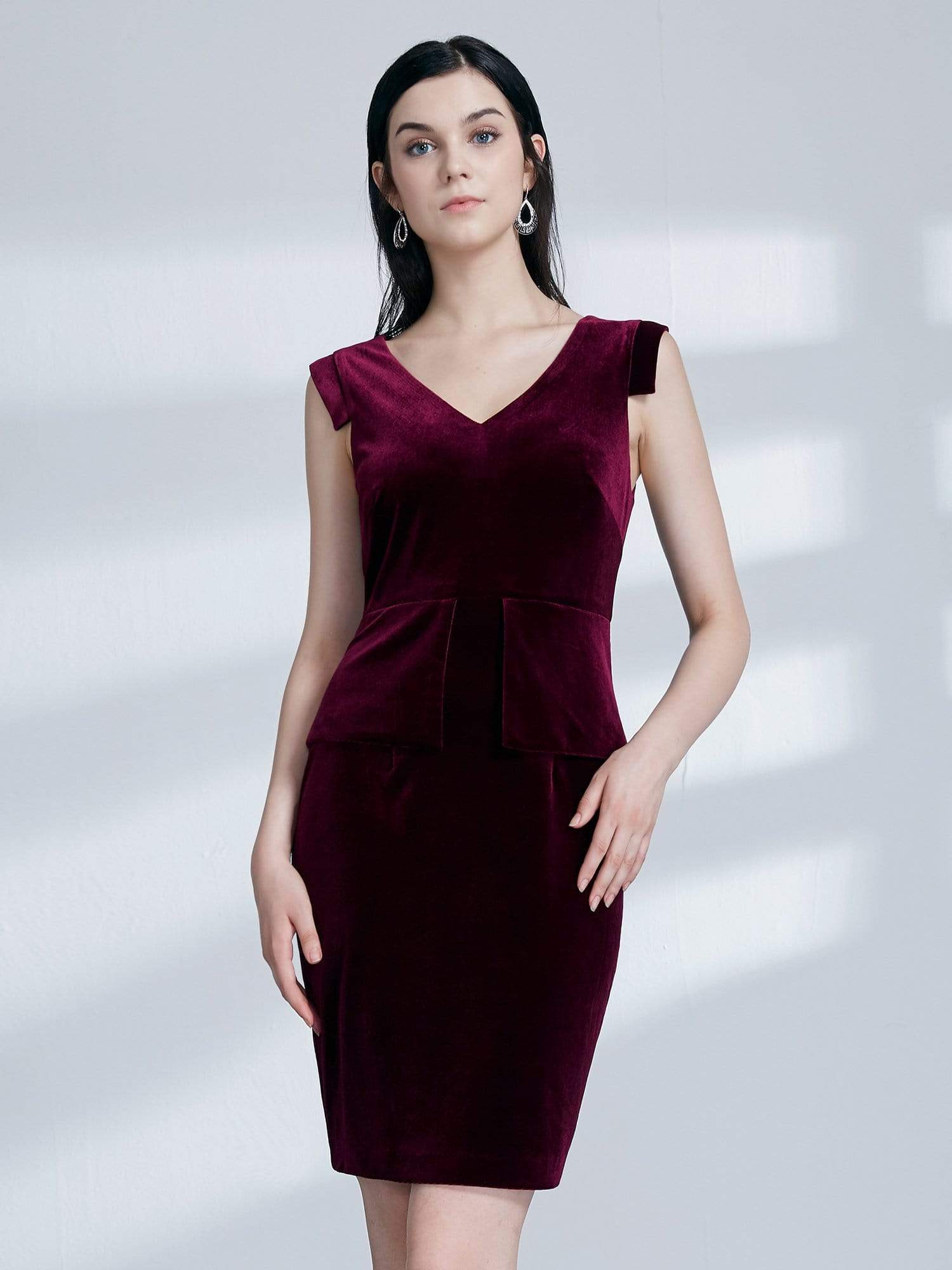 Color=Burgundy | Alisa Pan Short Velvet Cocktail Dress With Peplum-Burgundy 4