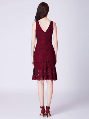 Color=Burgundy | V Neck Short Lace Party Dress-Burgundy 4