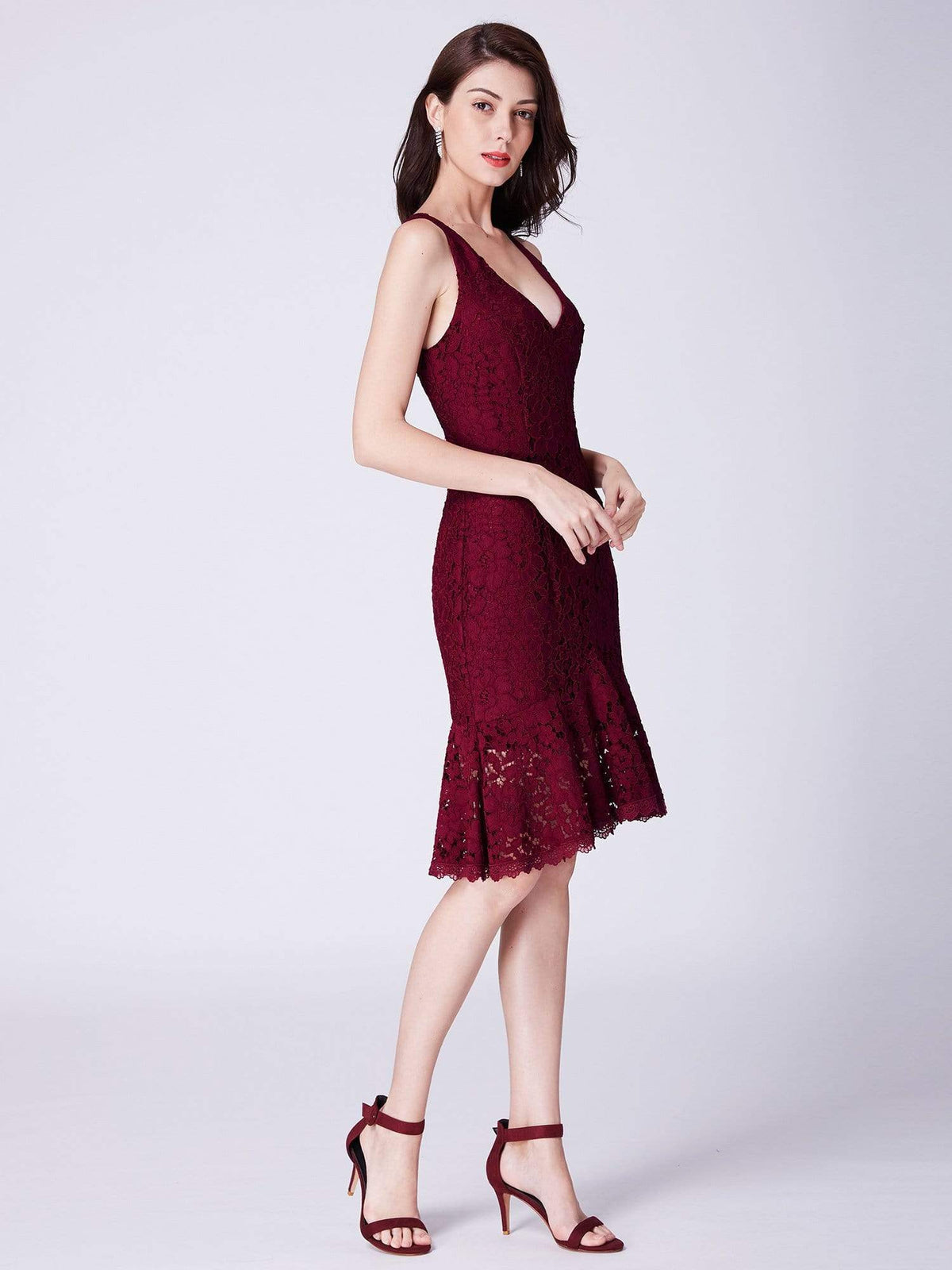 Color=Burgundy | V Neck Short Lace Party Dress-Burgundy 2