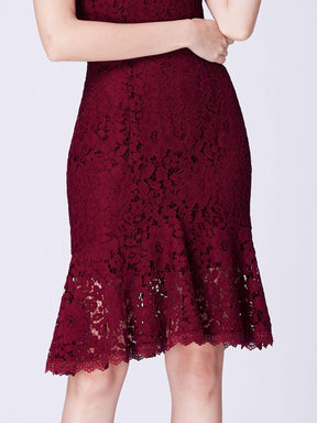 Color=Burgundy | V Neck Short Lace Party Dress-Burgundy 5