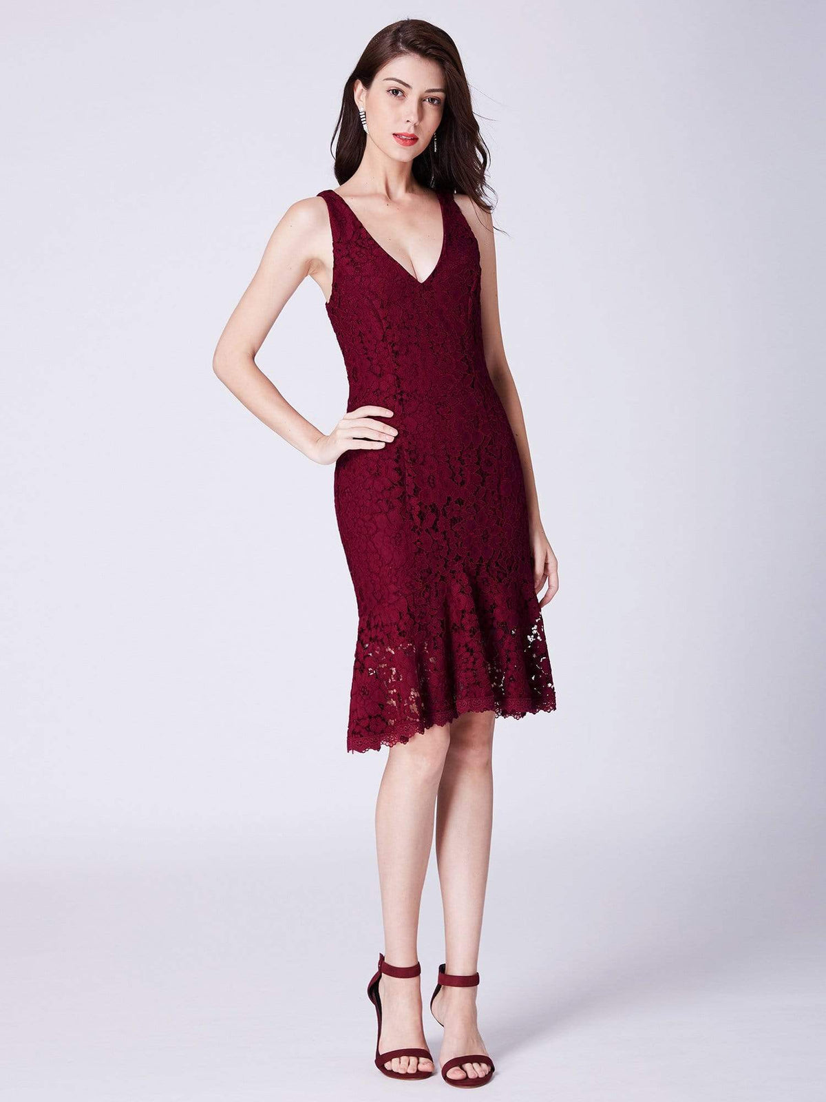 Color=Burgundy | V Neck Short Lace Party Dress-Burgundy 1