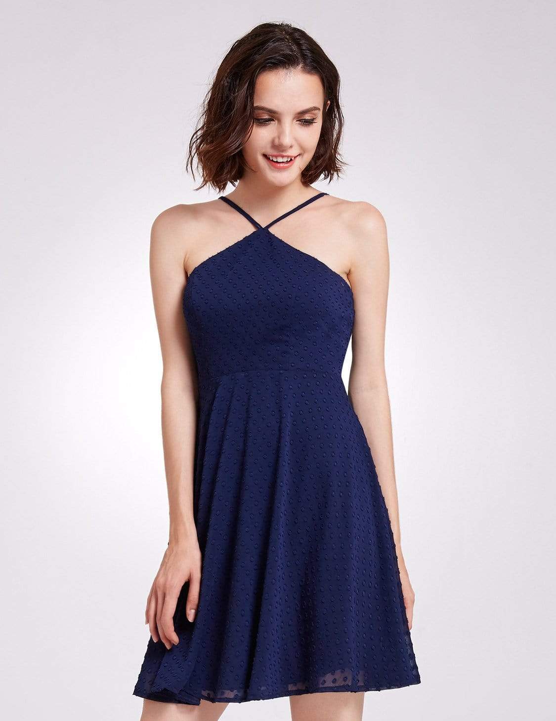 Color=Navy Blue | Alisa Pan Short Sleeveless Halter Dress-Navy Blue 3