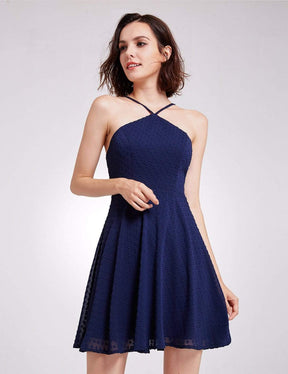 Color=Navy Blue | Alisa Pan Short Sleeveless Halter Dress-Navy Blue 5