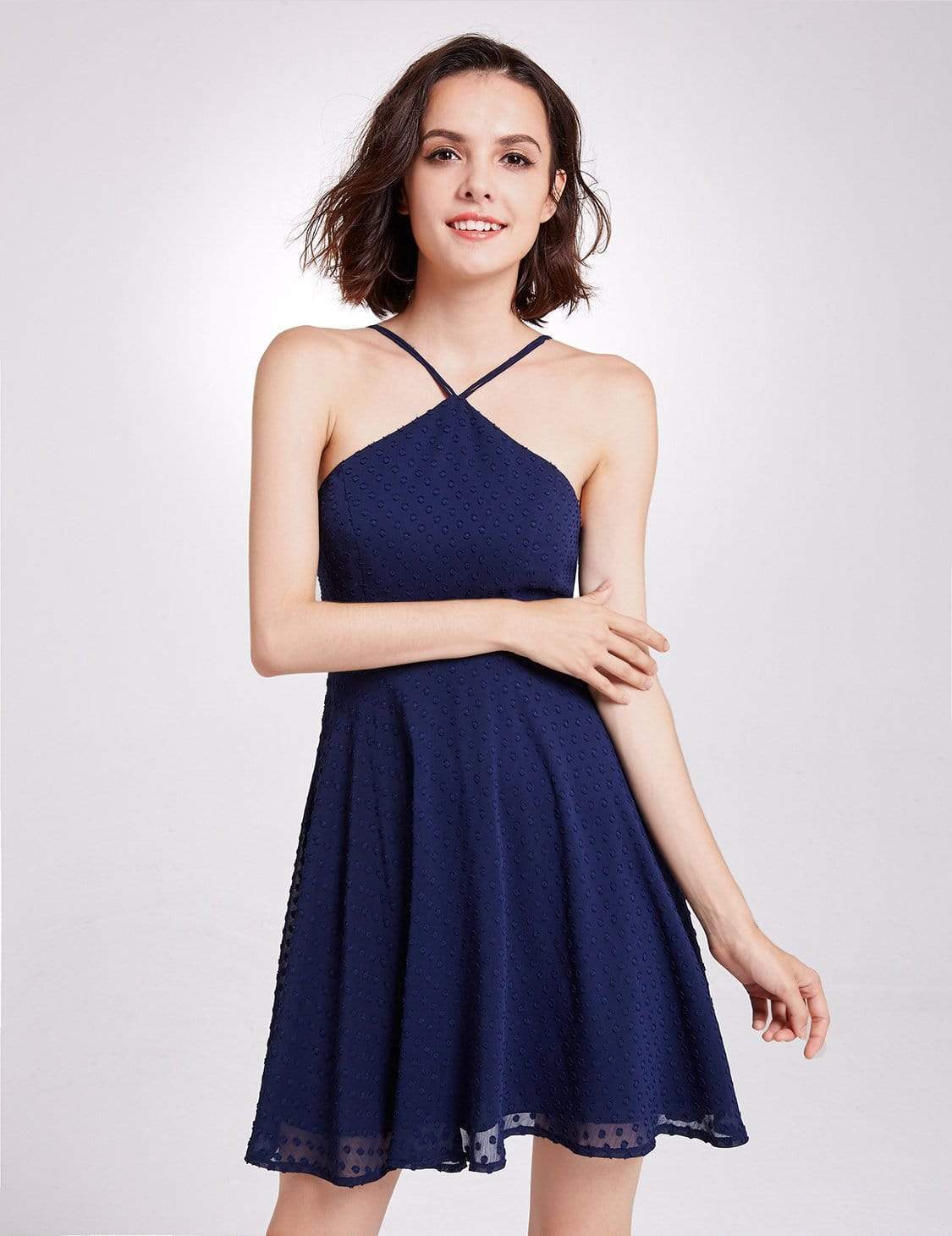 Color=Navy Blue | Alisa Pan Short Sleeveless Halter Dress-Navy Blue 6