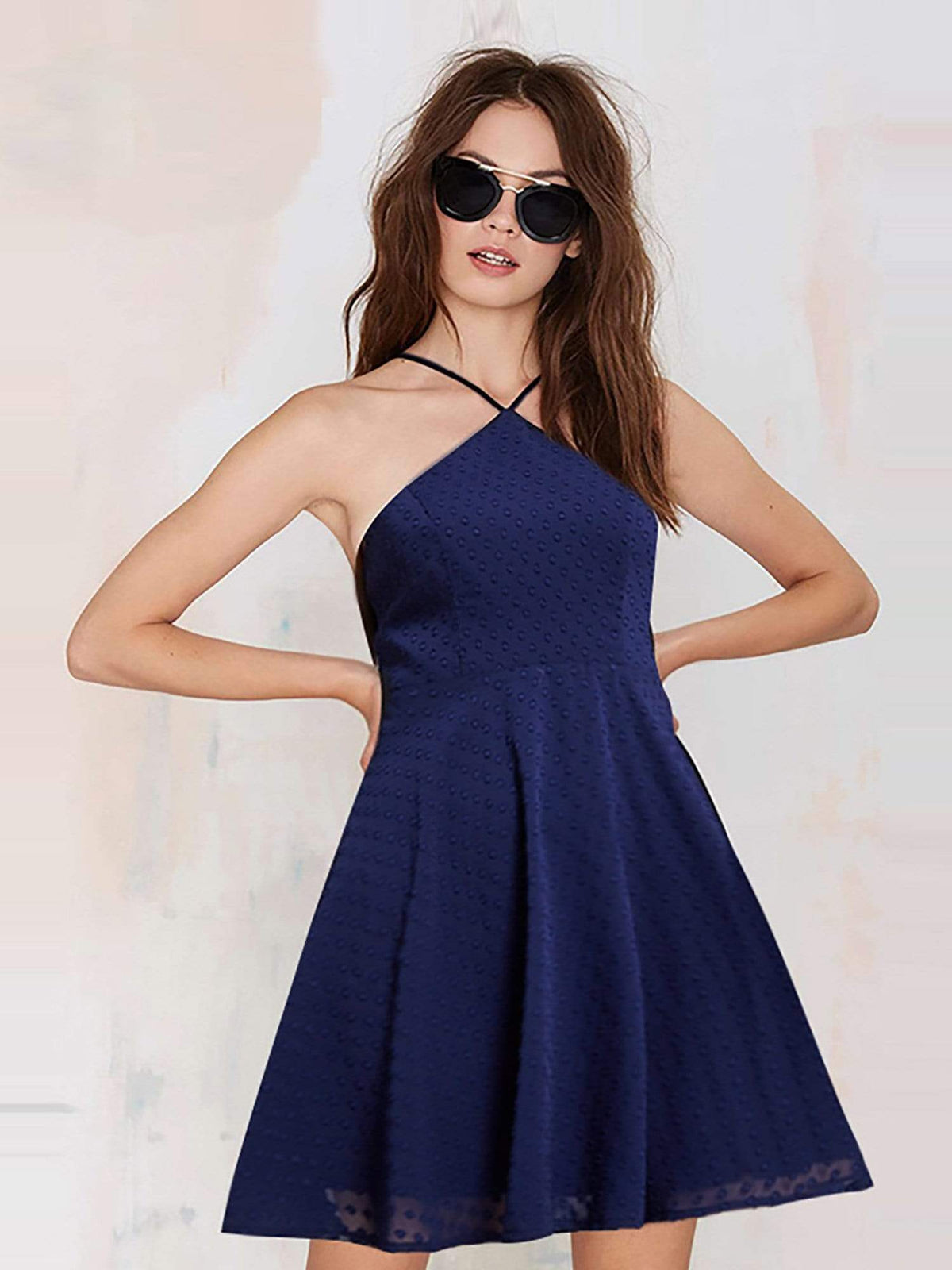 Color=Navy Blue | Alisa Pan Short Sleeveless Halter Dress-Navy Blue 1