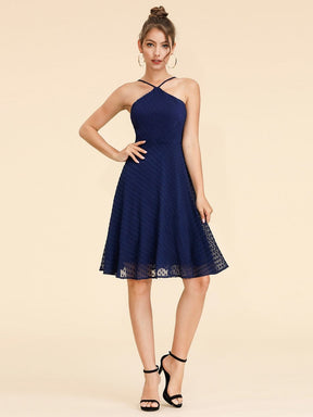 Color=Navy Blue | Alisa Pan Short Sleeveless Halter Dress-Navy Blue 4