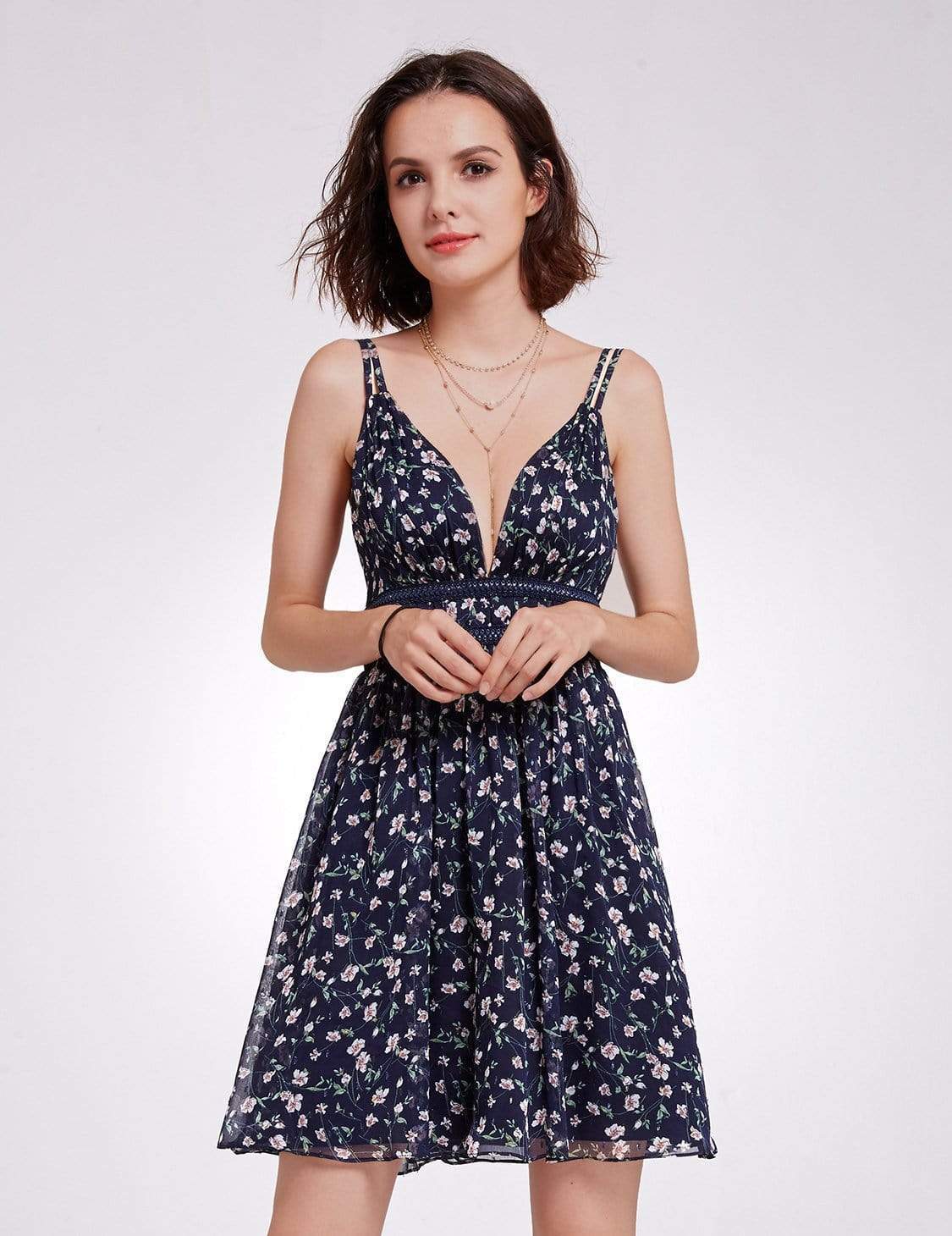 Color=Navy Blue | Alisa Pan V Neck Floral Print Summer Dress-Navy Blue 4