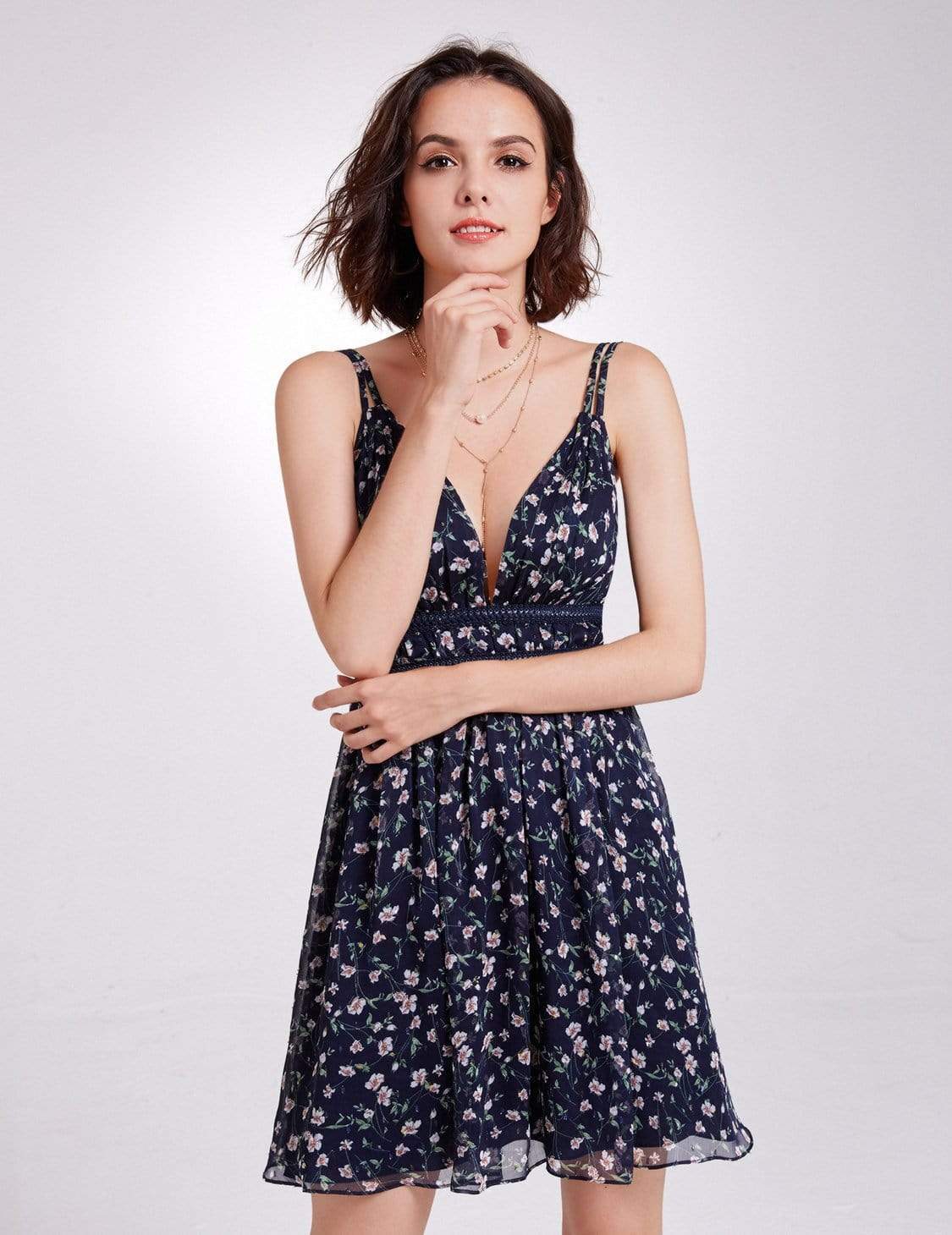 Color=Navy Blue | Alisa Pan V Neck Floral Print Summer Dress-Navy Blue 5