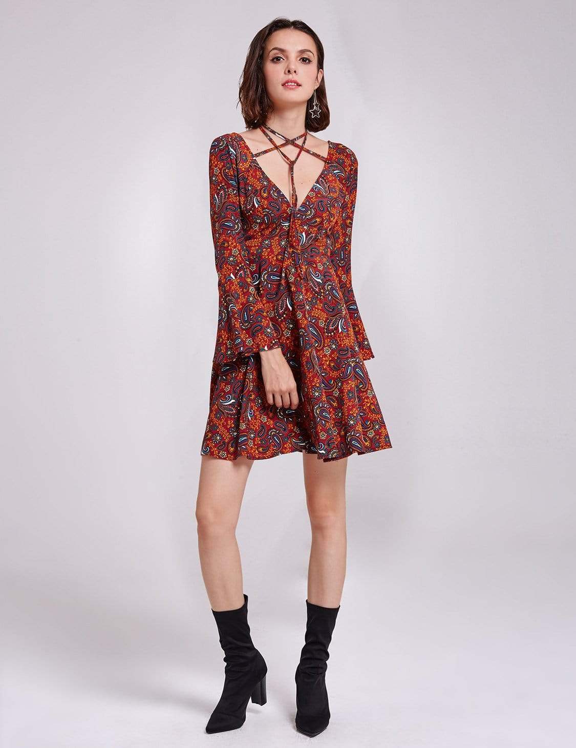 Color=Burgundy | Alisa Pan V Neck Paisley Print Boho Dress-Burgundy 1