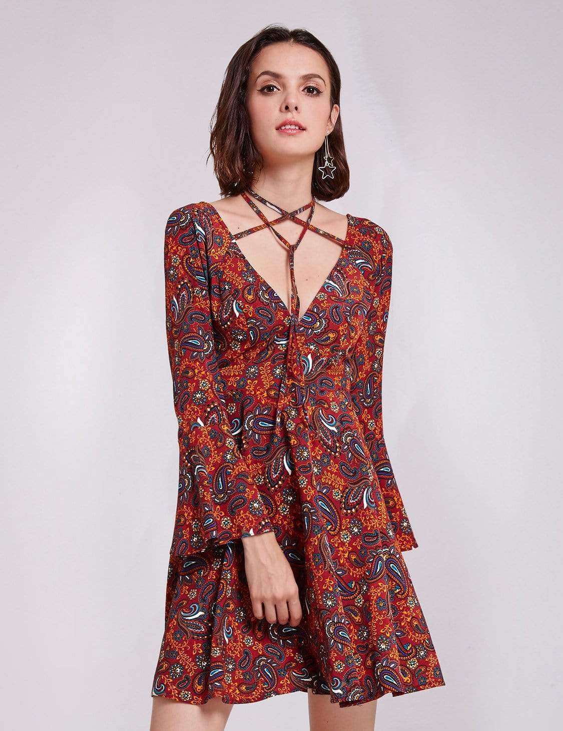 Color=Burgundy | Alisa Pan V Neck Paisley Print Boho Dress-Burgundy 2