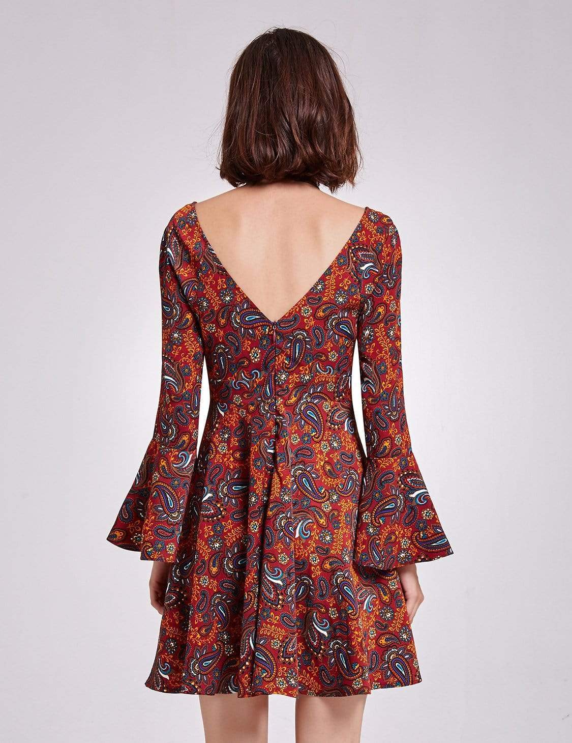 Color=Burgundy | Alisa Pan V Neck Paisley Print Boho Dress-Burgundy 3