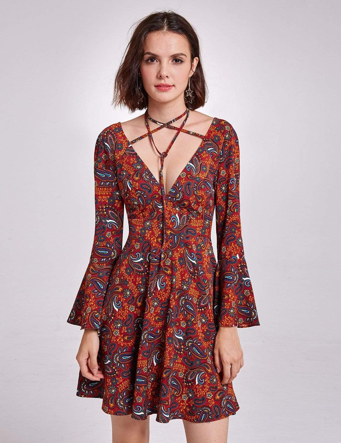 Color=Burgundy | Alisa Pan V Neck Paisley Print Boho Dress-Burgundy 4