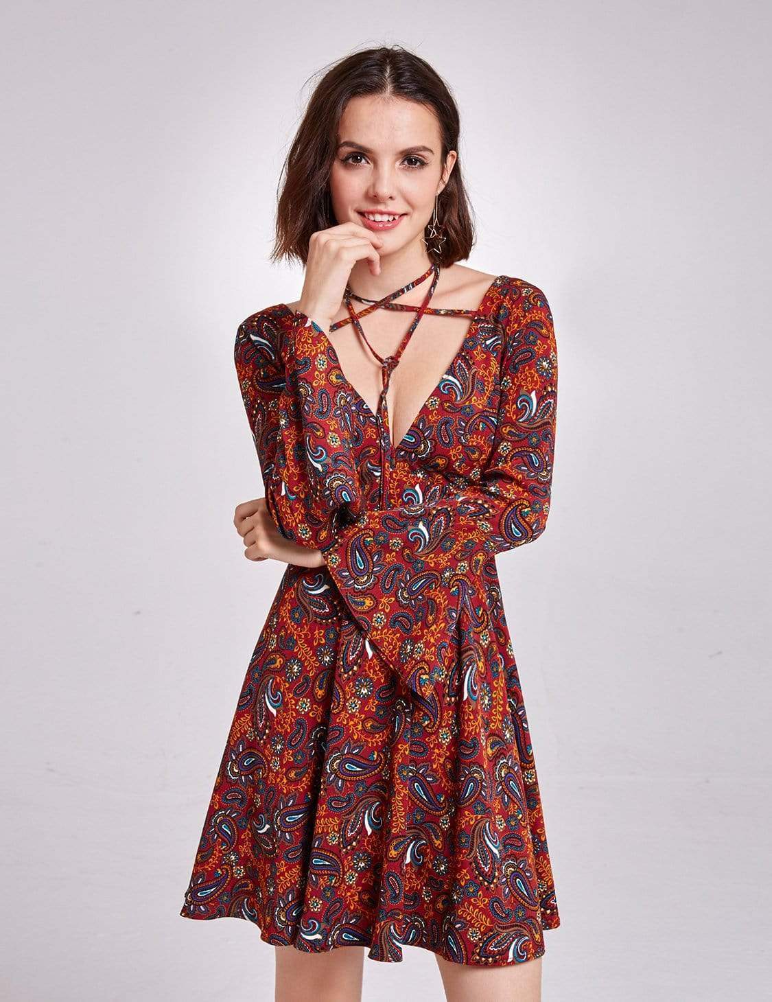 Color=Burgundy | Alisa Pan V Neck Paisley Print Boho Dress-Burgundy 5