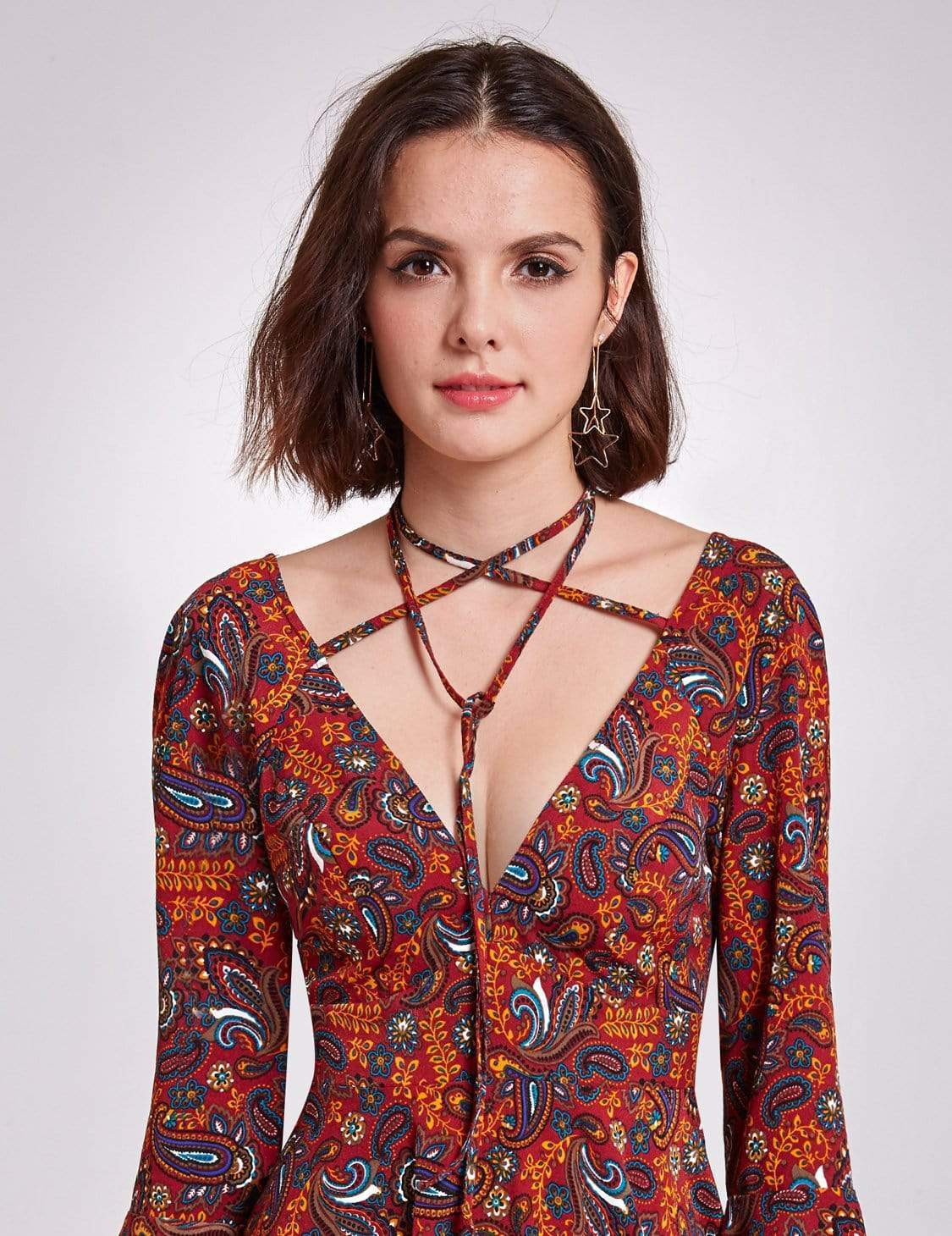 Color=Burgundy | Alisa Pan V Neck Paisley Print Boho Dress-Burgundy 6