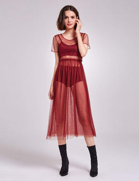 Color=Burgundy | Alisa Pan Short Sleeve Sheer Layer Dress-Burgundy 1