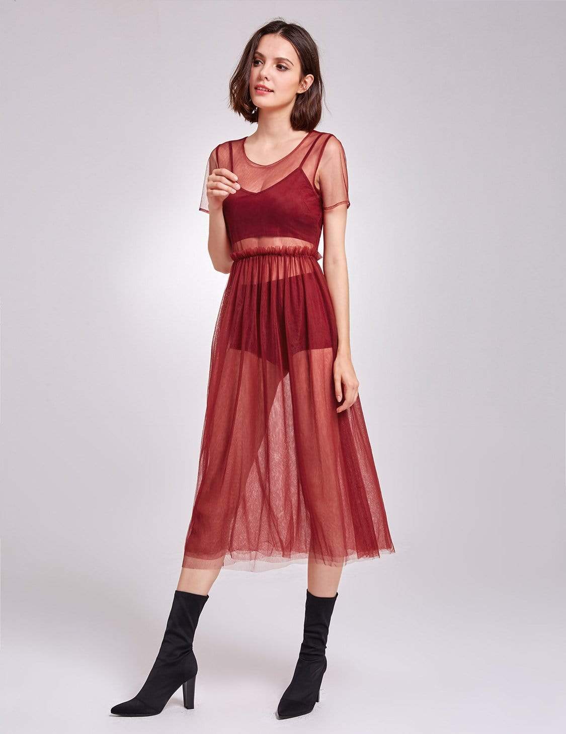 Color=Burgundy | Alisa Pan Short Sleeve Sheer Layer Dress-Burgundy 3