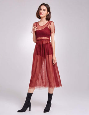 Color=Burgundy | Alisa Pan Short Sleeve Sheer Layer Dress-Burgundy 3