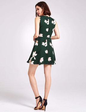 Color=Green | Floral Print Short Fit And Flare Dress-Green 3
