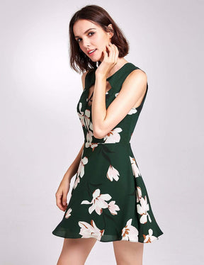 Color=Green | Floral Print Short Fit And Flare Dress-Green 4