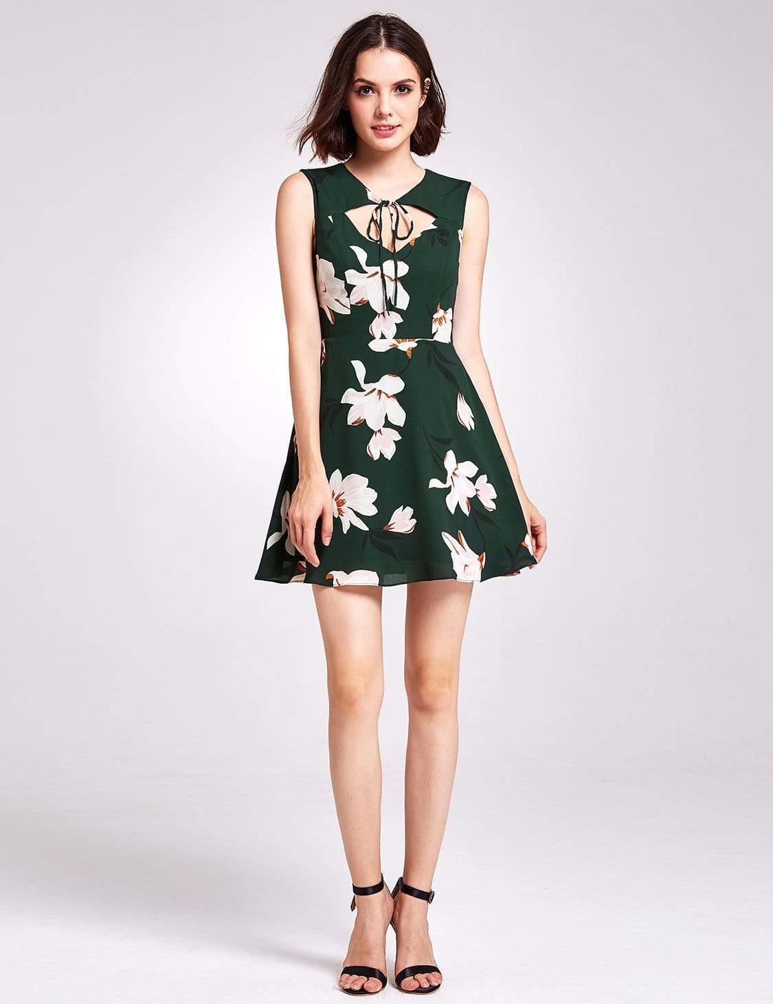 Color=Green | Floral Print Short Fit And Flare Dress-Green 1