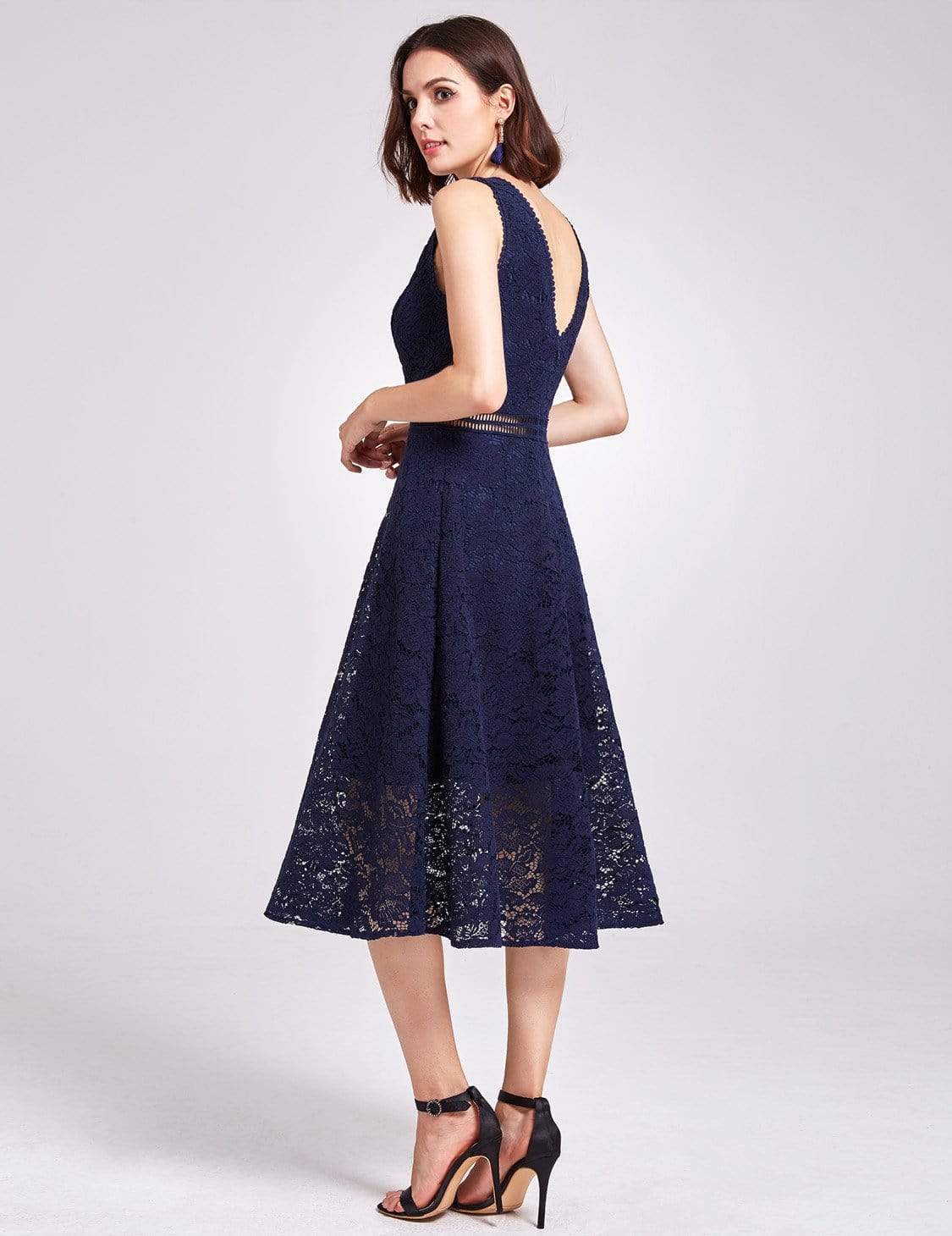 Color=Navy Blue | Alisa Pan V-Neck Lace Party Dress-Navy Blue 3