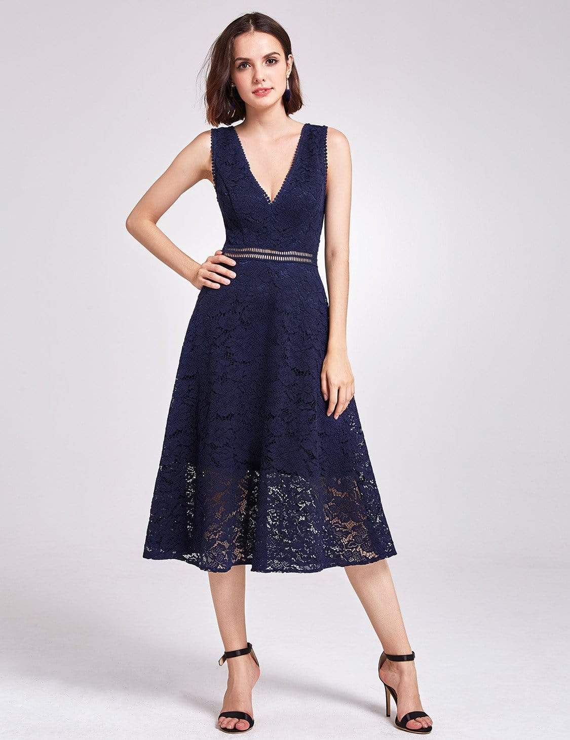 Color=Navy Blue | Alisa Pan V-Neck Lace Party Dress-Navy Blue 4