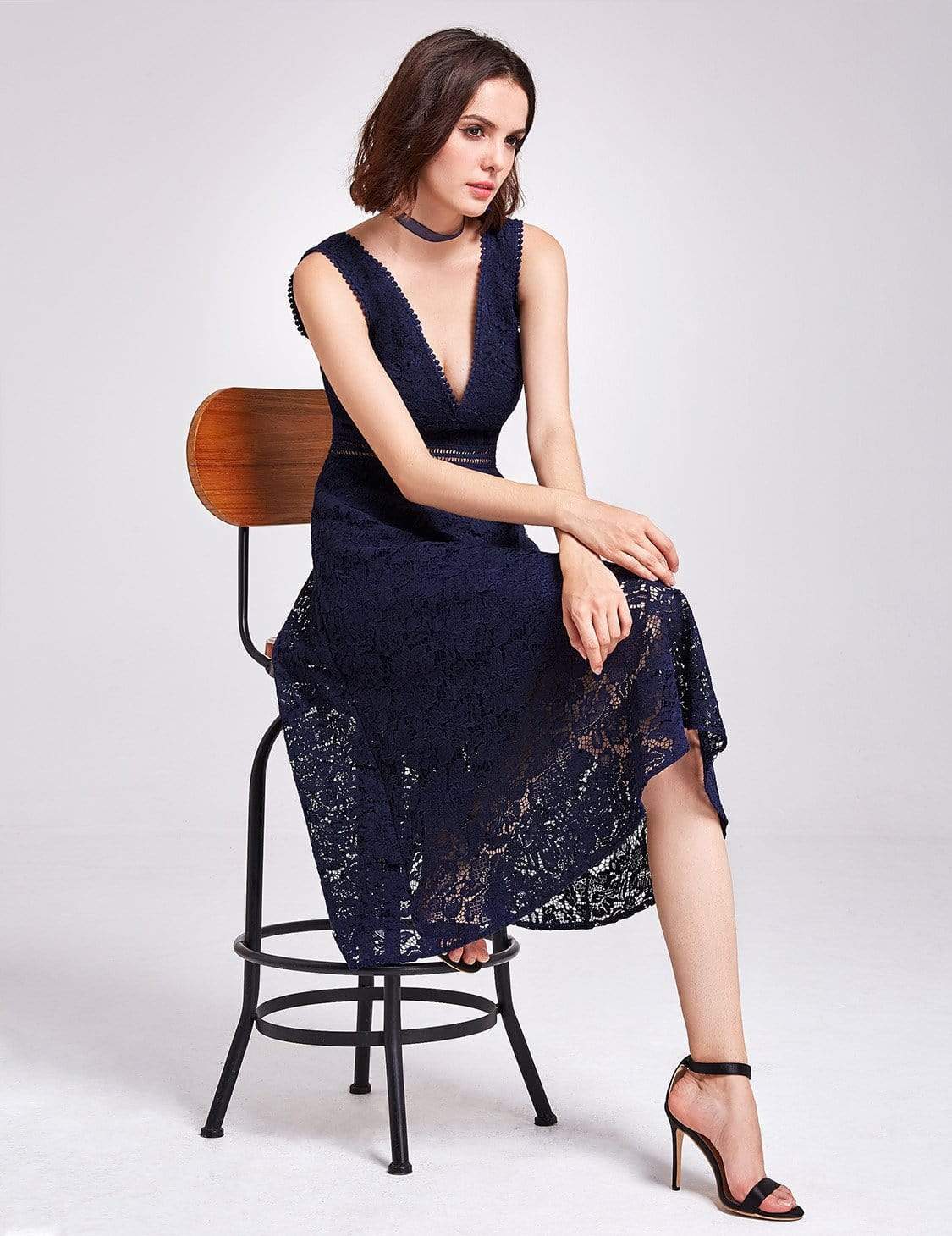 Color=Navy Blue | Alisa Pan V-Neck Lace Party Dress-Navy Blue 5