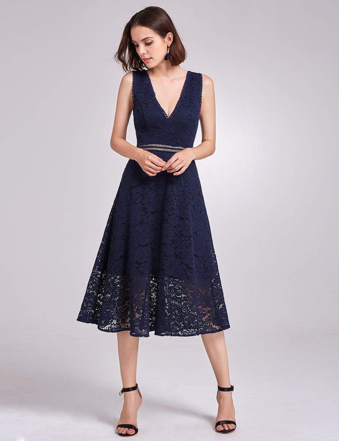 Color=Navy Blue | Alisa Pan V-Neck Lace Party Dress-Navy Blue 1