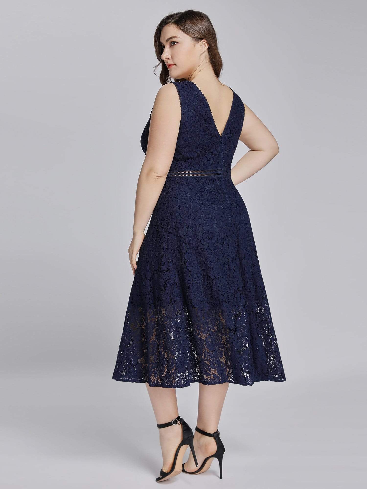 Color=Navy Blue | Alisa Pan V-Neck Lace Party Dress-Navy Blue 9